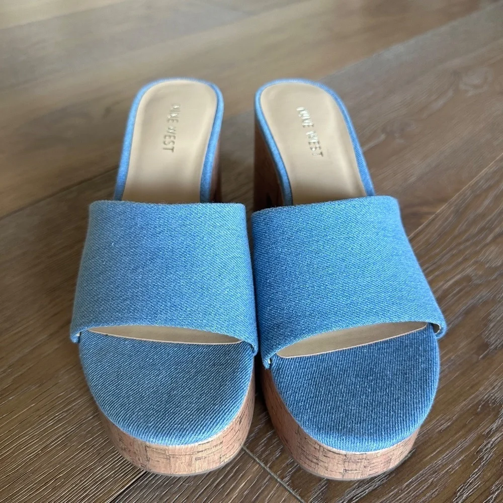 NINE WEST Barata Platform Cork Slide Sandal Denim Blue Size 9